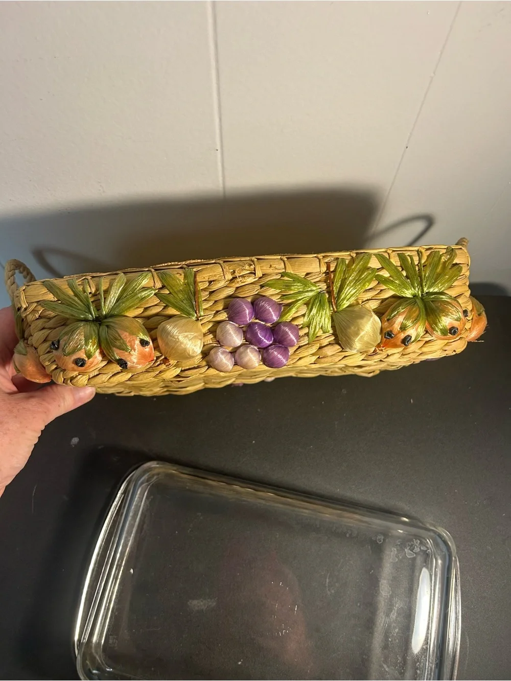 Vintage Pyrex casserole dish 3D fruit motif woven raffia basket